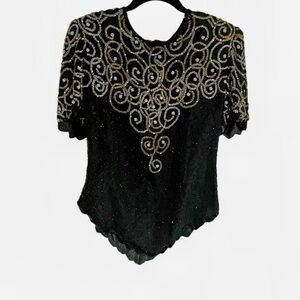 Laurence kazar New York vintage silk beaded sequins evening top shirt medium M